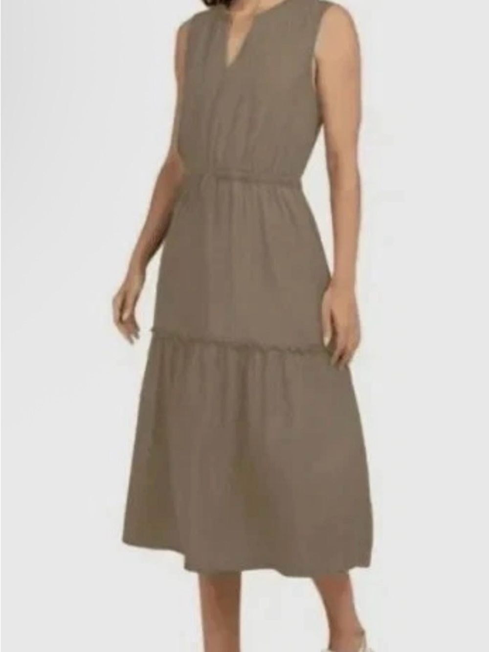Lands End Sleeveless V-Neck Tiered Midi Dress in Taupe